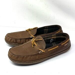 LL Bean Brown Leather Hand Sewn Moccasin Slippers Flannel Lined Men Sz 11